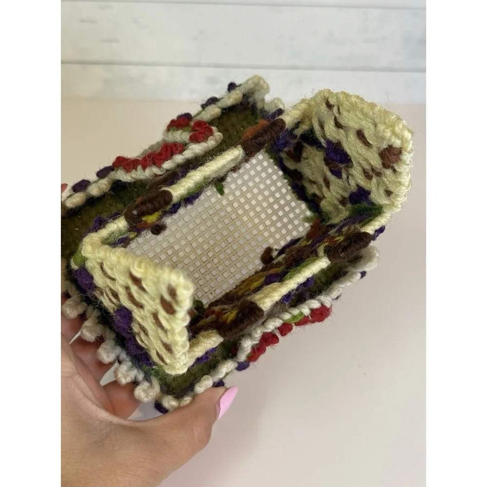 Vintage Plastic Canvas Yarn House Pen Holder Desk Organizer Handmade Needlepoint